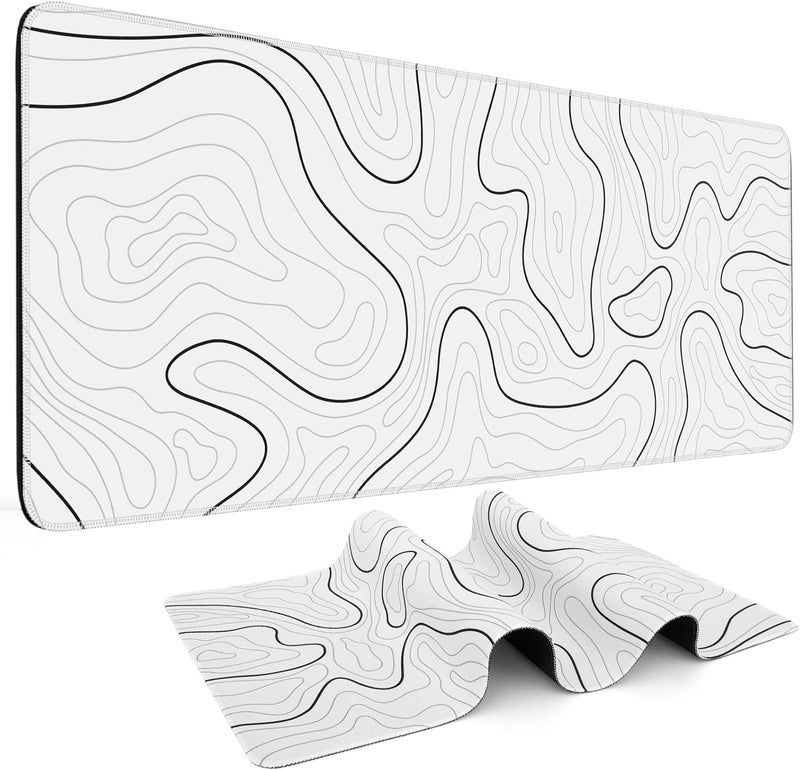 DIGSOM Mouse Pad Gaming Mousepad 31.5 x 11.8 in Large Mouse Pad for Keyboard and Mouse with Anti-Slip Rubber Base, Keyboard Pad XL Mouse Mat for Home and Office(White with Black Topographic Line) - Image 1
